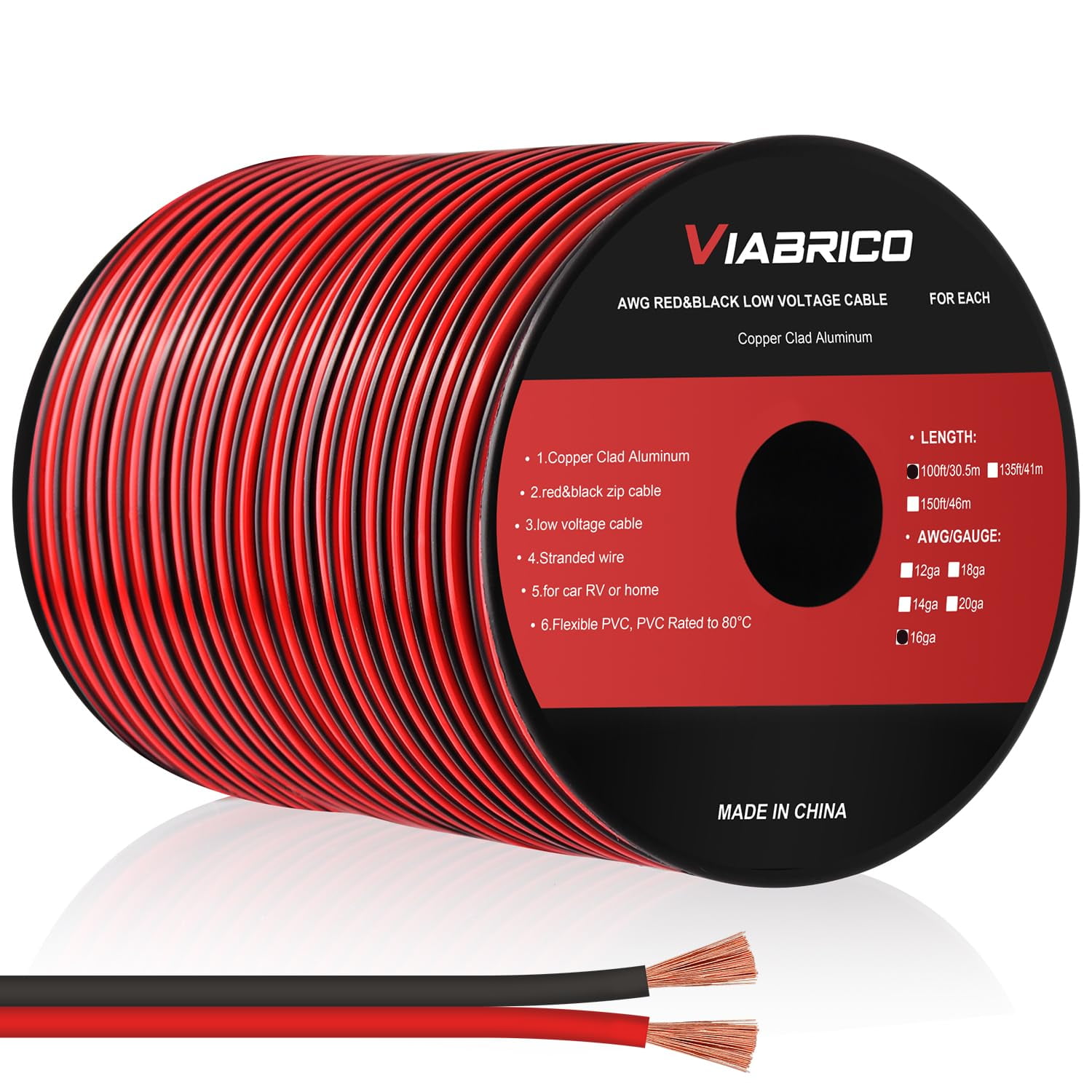 Cable Viabrico, Calibre 16, 100 Pies, 2 Conductores, Rojo Y Negro, 12 V/24 V Dc