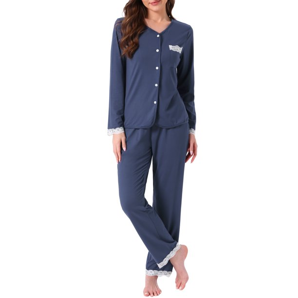 Conjuntos de pijamas para mujeres con ribete de encaje, manga larga, botones, ropa de dormir, pantalón con cintura elástica, ropa de estar en casa con bolsillos, 2XL azul oscuro