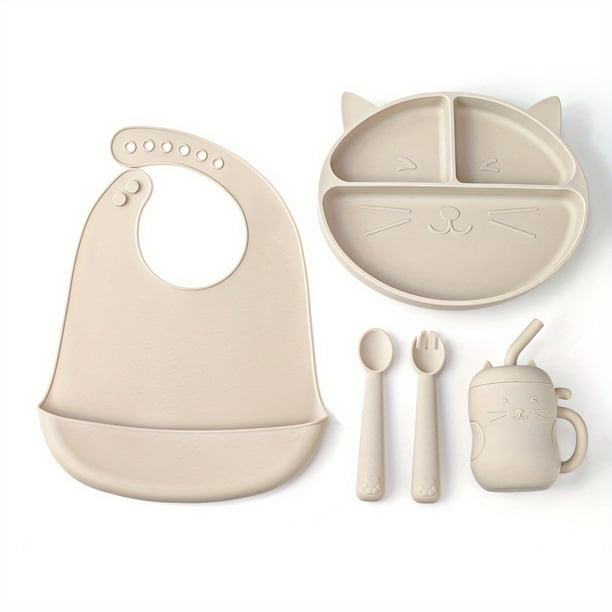 Mother And Baby Supplies, Toddler Plates, Silicone Infant And Toddler Eating Set, Cat Design 3/4/5pcs Set, Baby Silicone Cutlery, Toddler Eating Cutlery, Dividers Under Plates With Suction Cups To Pre