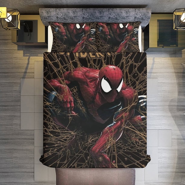Comics Spider-Man 3 Piece Sets Full/Queen Size - Reversible Microfiber Quilts with 2 Shams Soft Lightweight Bedspread Coverlet Comforter for All Season Bed Sheets