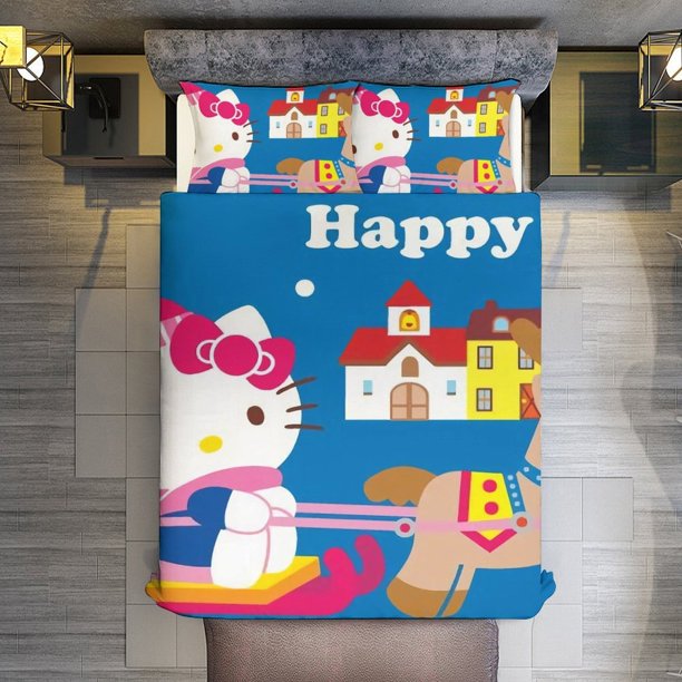 Merry Christmas Hello Kitty 3 Pieces Duvet Cover Set Full Size Super Soft Fade Resistant Microfiber