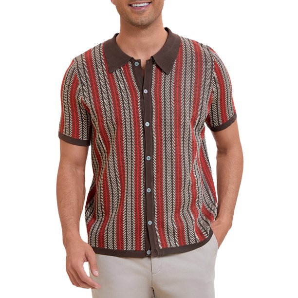 INSPIRE CHIC Polo de Punto a Rayas para Hombre de Verano con Mangas Cortas y Botones Abajo Camisas Polo de Jacquard S Marrón Oscuro