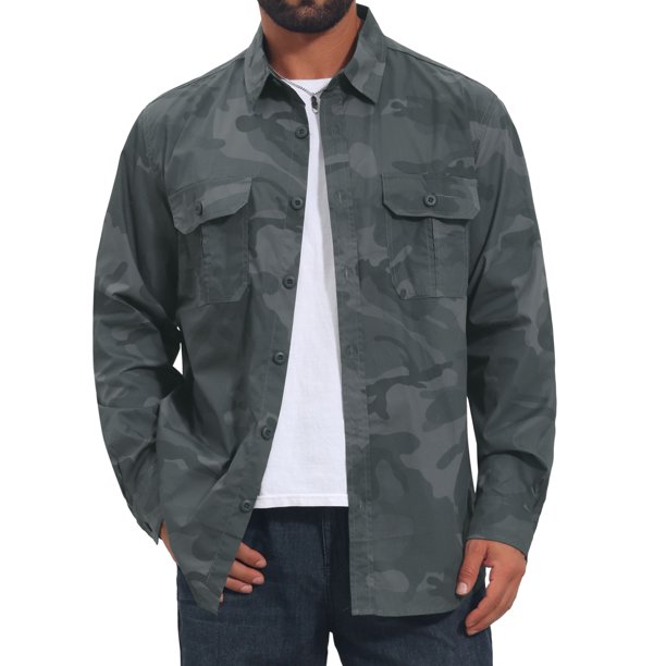 INSPIRE CHIC Camisa de Camuflaje para Hombre de Manga Larga con Botones, Camisas Ligeras para Safari al Aire Libre S Gris