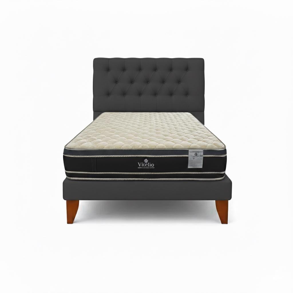 Vitelio - Cama 1 Plaza Gris Oscuro Capitone + Colchón Ortopedic