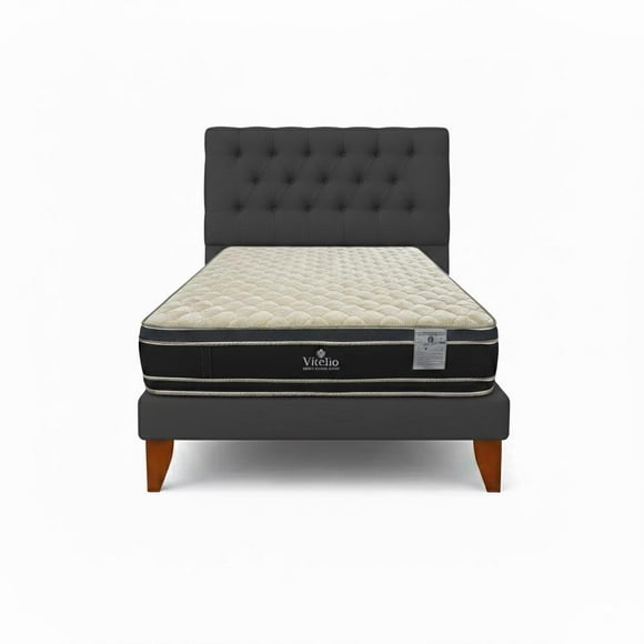 Cama 1.5 Plaza Gris Oscuro Capitone + Colchón Ortopedic