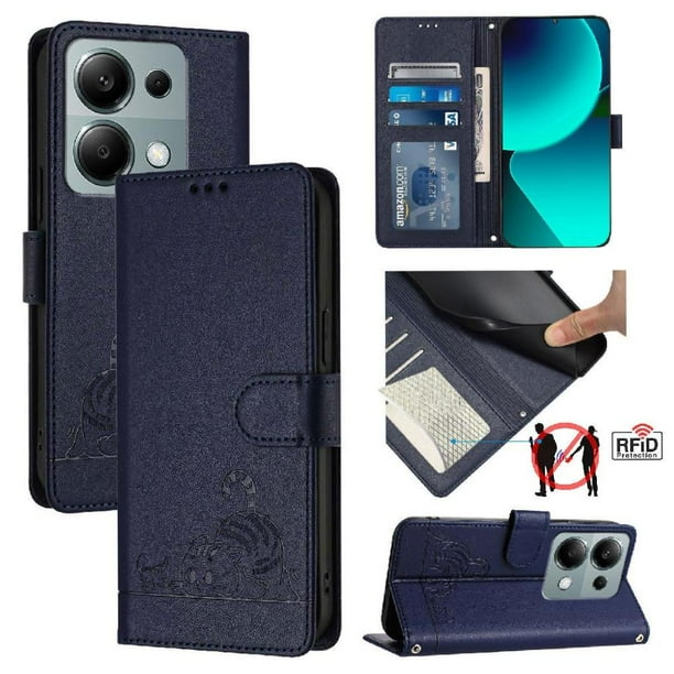 Funda tipo cartera FOXDOCK para Xiaomi Redmi Note 13 Pro 4G con soporte, ranuras, RFID, diseño de gato
