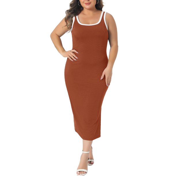 Vestidos de punto sin mangas con cuello cuadrado y abertura lateral en contraste para el verano de Agnes Orinda para mujeres de talla grande, 4X Naranja