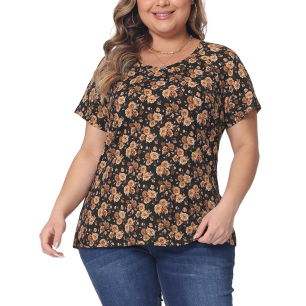 Agnes Orinda Camisetas de Talla Grande para Mujeres Estampado Floral Manga Corta Cuello Redondo Suelta Casual Básica Camiseta 3X Marrón