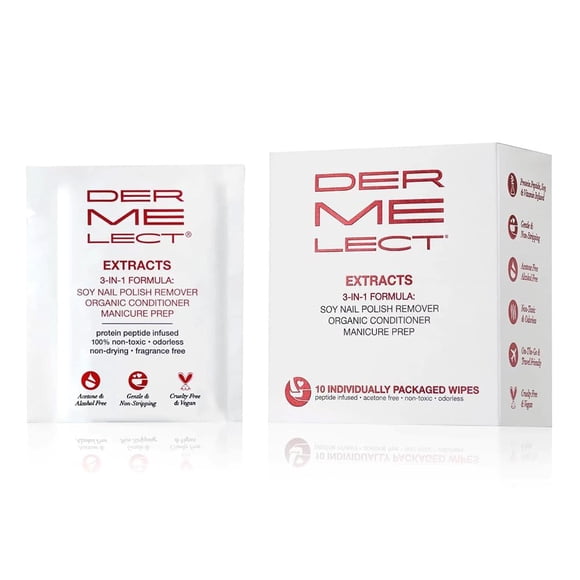 Removedor de Esmalte de Uñas Dermelect sin Acetona - 10 Toallitas
