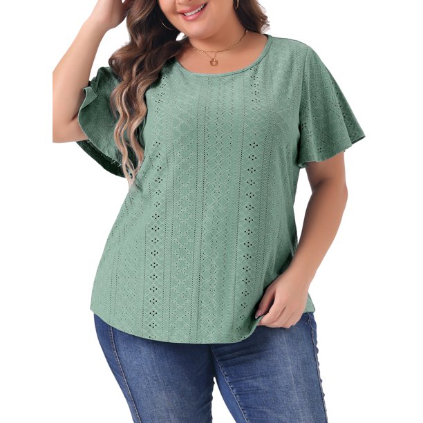 Agnes Orinda Camiseta de Mujer Talla Grande para Escuela o Universidad Cuello Redondo Ajuste Suelto Manga con Volantes Verano Hueco Blusas Casual Talla 2X Verde