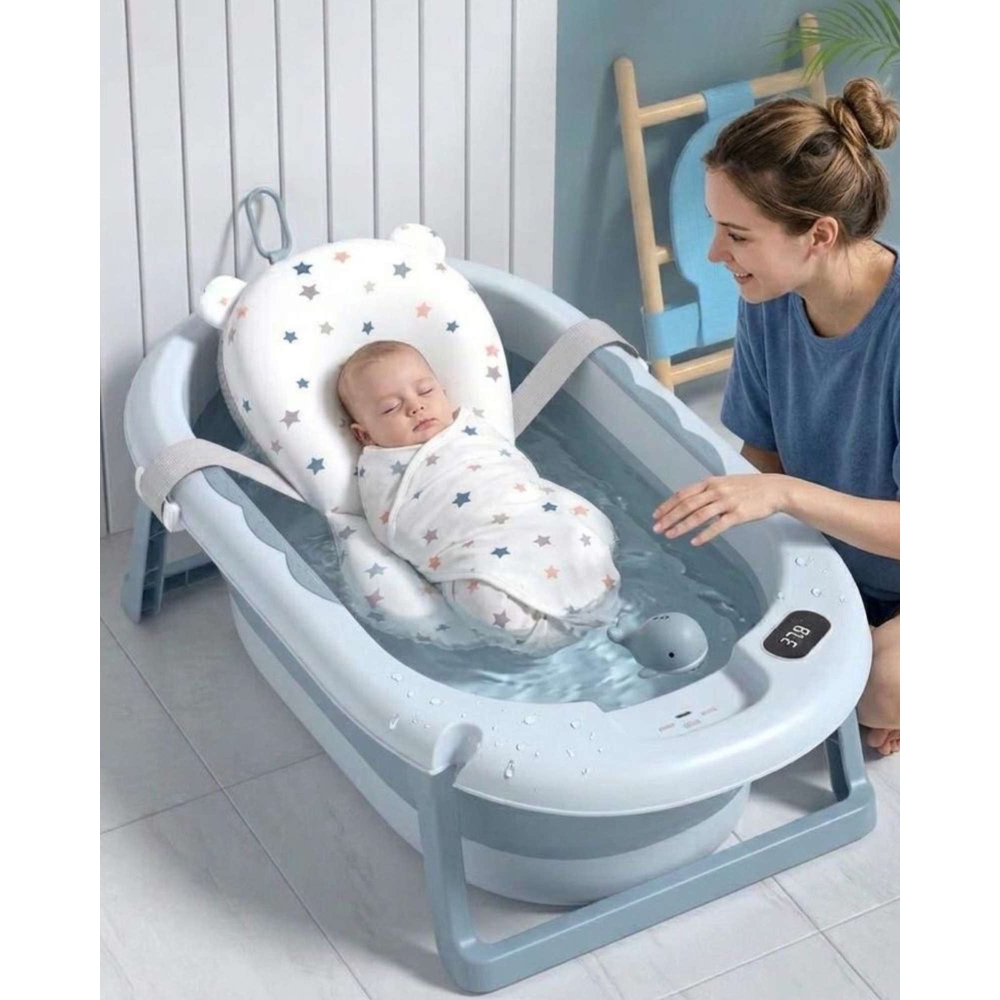 Imac Hogar - Bañera Plegable Azul Ergonómica Para Bebé Con Cojín De Seguridad Y Termómetro Digital