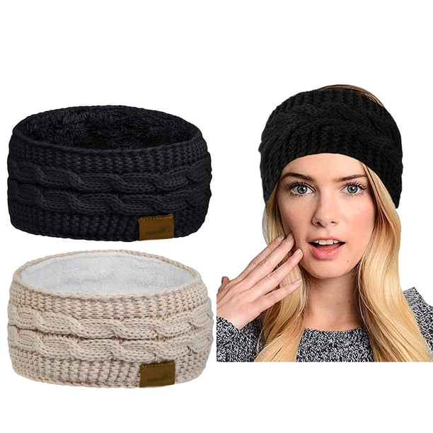 Diadema cálida de invierno para mujer, forro polar peludo, tejido de cable grueso, calentador de orejas