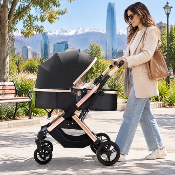 Coche Cuna Paseo de Lujo Plegado Automático con Marco de Aluminio y Asiento Reclinable