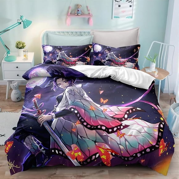 Bed- Duvet- Cov-er Anim-e Cartoon Demon-Sla-yer Bedding -Sets 3D Lightweigh-t 3 Piece C-omforter Sets 1 Duvet Co-ver and 2 -Pillow Shams for Boys Girl