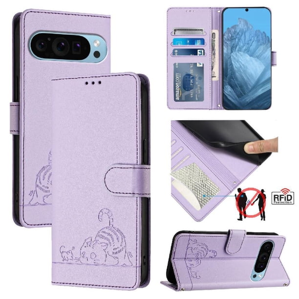 Funda tipo cartera FOXDOCK para Google pixel 9 PRO 5G con soporte, ranuras, RFID, diseño de gato