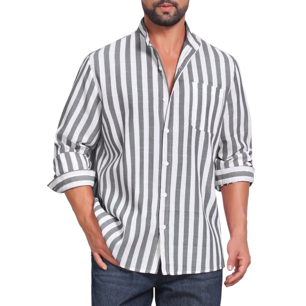 INSPIRE CHIC Camisas de Vestir a Rayas con Bolsillo en el Pecho para Hombre de Manga Larga con Cuello Mao y Botones 2XL Negro