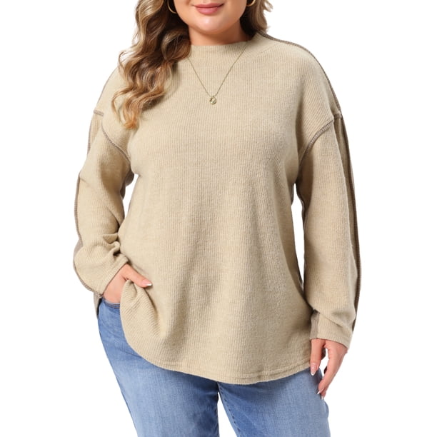 Agnes Orinda Conjuntos de Halloween Suéter para Mujer Tallas Grandes con Costura en Contraste Expuesta Cuello Simulado Manga Larga Casual Suave Tejido de Punto Jersey Talla 3X Caqui
