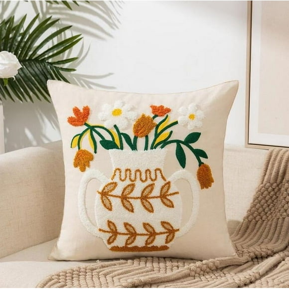 Cojín Bordado 45x45 Cm Florero Beige