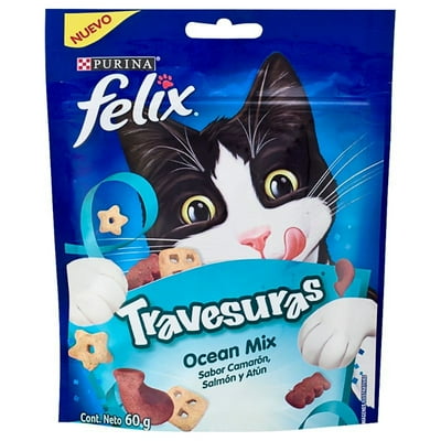 Snack Gato Adulto Travesuras Ocean Mix Camarón, Salmón Y Atún Bolsa 60 G Felix
