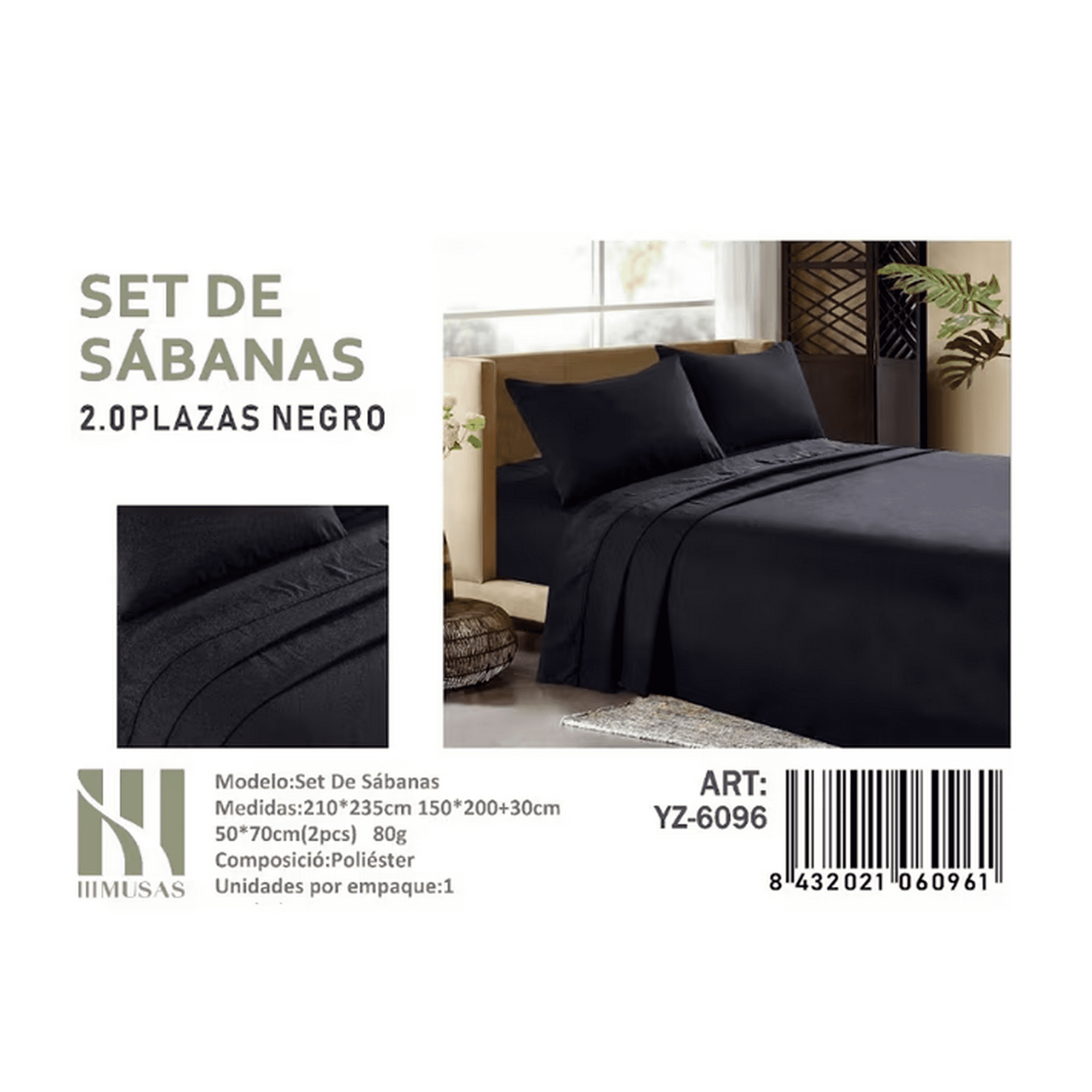 Tecnocasa - Set De Sabanas 2.0 Plazas Color Negro 150 Hilos 2 Funda De Almohada