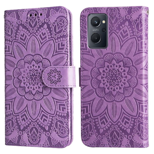 Funda tipo cartera FOXDOCK para Realme 9i , diseño girasol en relieve, cuero PU, cierre magnético, soporte y tarjetero