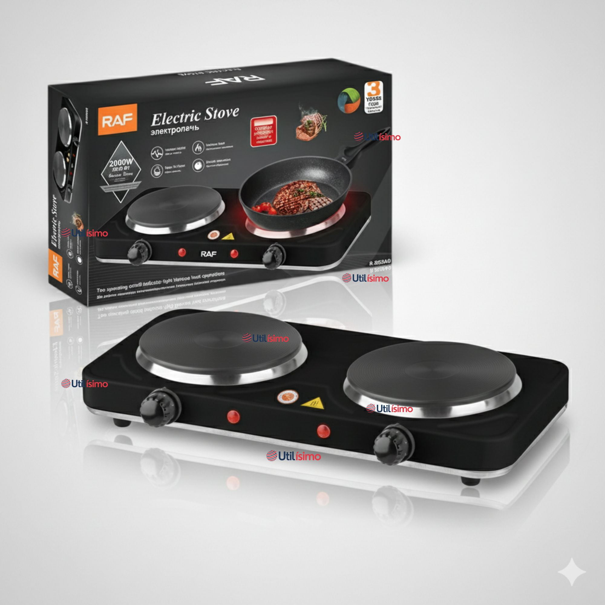 Raf - Cocina Electrica Portatil De 2 Platos Encimera 2000w De Potencia Color Negro