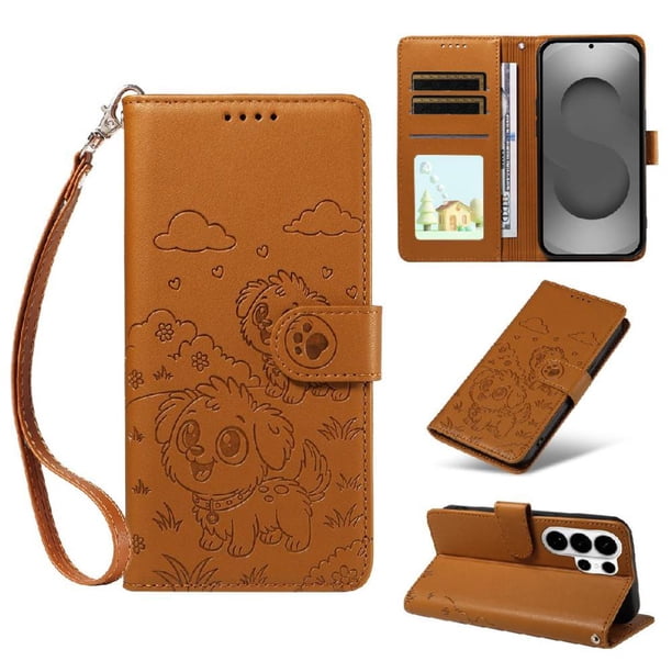 Funda Cartera para Samsung Galaxy S26 Ultra Perro Cachorro Grabado con Tarjetas Soporte Correa Marrón