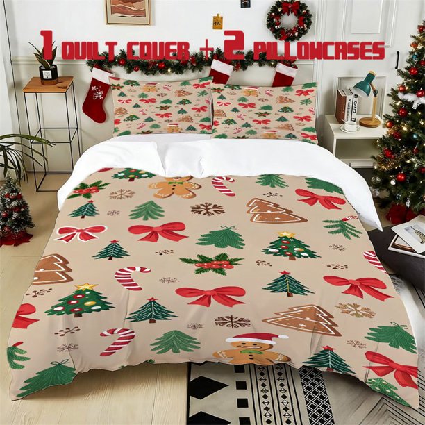 3pcs Christmas Themed Cute Printed Bedding Set Soft Duvet Cover with 2 Pillowcases All Season Comfort