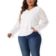 thumbnail image 4 of Agnes Orinda Blusa Casual Elegante para Mujer Talla Grande, Estilo Escolar Universitario, Encaje Floral de Doble Capa, Cuello en V, Manga Larga Transparente, Túnica, Talla 4X, Color Blanco, 4 of 6