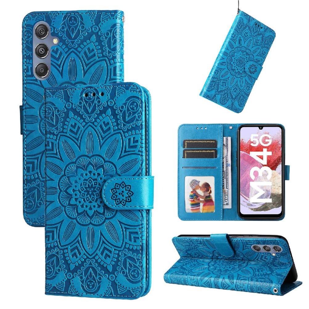 Funda Tipo Cartera Foxdock Para Samsung Galaxy M34 5G , Diseño Girasol En Relieve, Cuero Pu, Cierre Magnético, Soporte Y Tarjetero