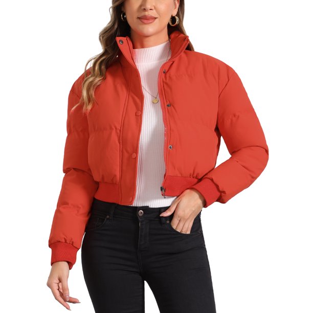 INSPIRE CHIC Chaqueta Acolchada Recortada para Mujer de Invierno con Cuello Alto, Abrigo Bomber Acolchado con Cremallera y Botones, Talla XL Rojo