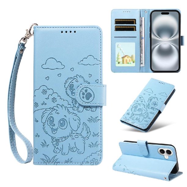 Funda Cartera para iPhone 16 Perro Cachorro Grabado con Tarjetas Soporte Correa Azul