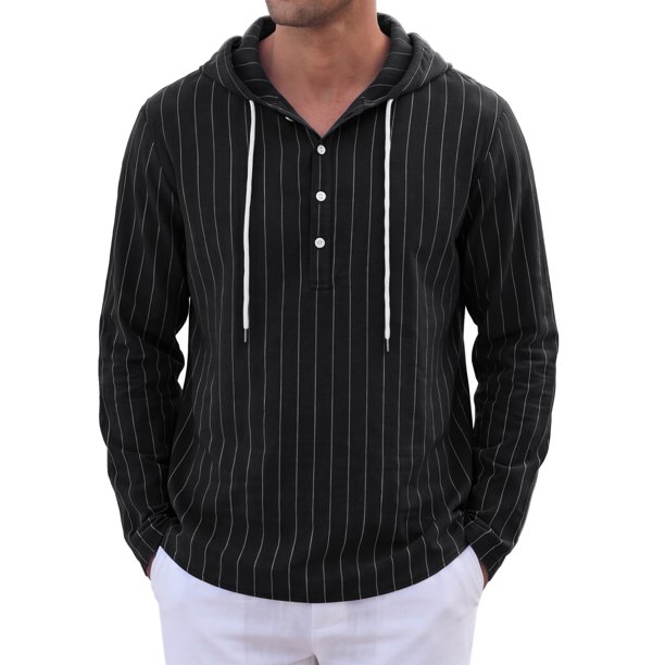 INSPIRE CHIC Camisa de Hombre con Capucha de Lino de Manga Larga con Botones a Rayas Henley con Capucha S Negro