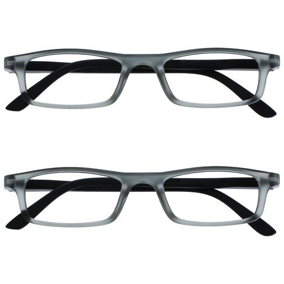 OPULIZE TED Gafas de Lectura para Mujer y Hombre, Montura Ligera, Rectangular Estrecha, Acabado Mate Transparente Gris, Bisagras de Resorte, +2.00 (Paquete de 2)