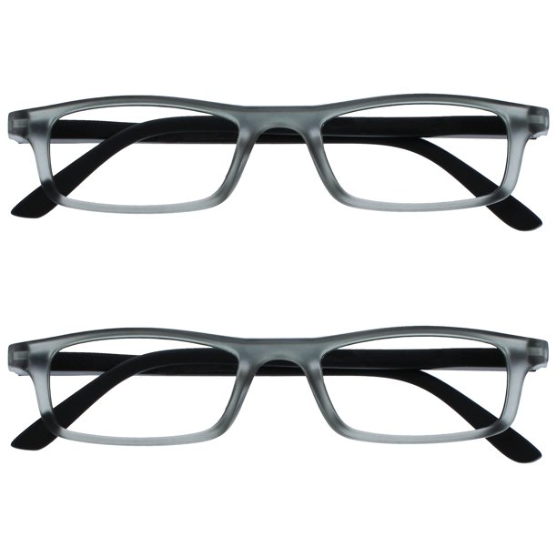 OPULIZE TED Gafas de Lectura para Mujer y Hombre, Montura Ligera, Rectangular Estrecha, Acabado Mate Transparente Gris, Bisagras de Resorte, +2.00 (Paquete de 2)