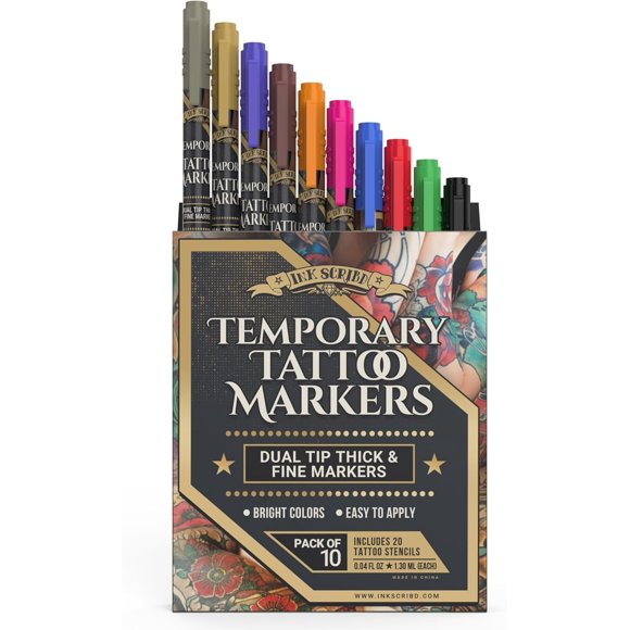 Marcadores de tatuaje Ink Scribd – 10 plumas + 20 plantillas
