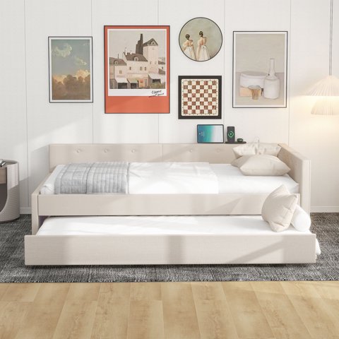 M&Ms - Full Size Upholstered Platform Bed With Usb And Twin Size Trundle, Beige