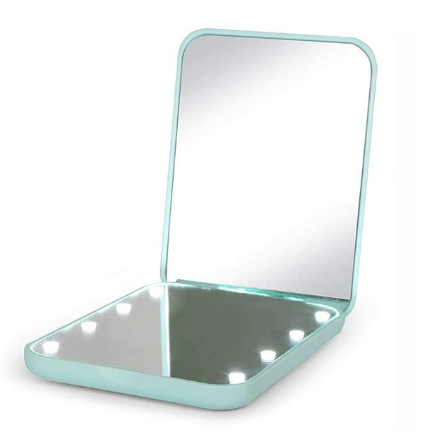 Espejo de bolsillo, espejo de maquillaje compacto de viaje con aumento LED para bolso, portátil, plegable, de mano