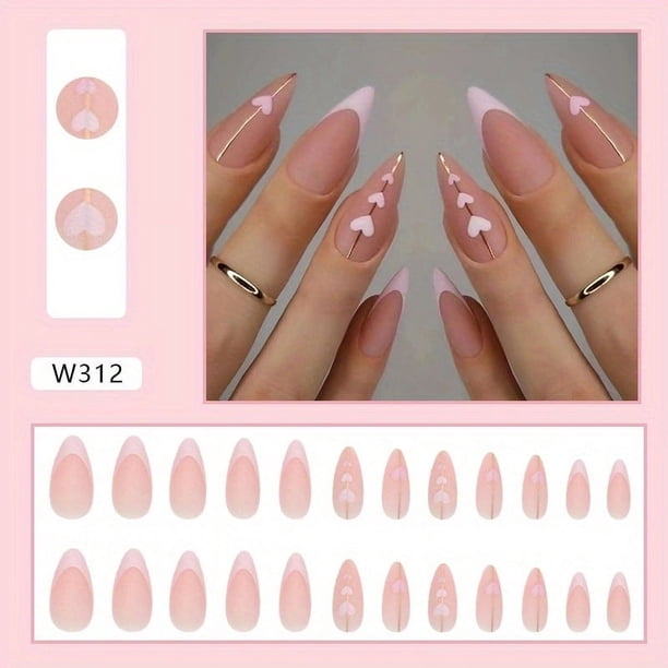 Press On Nails Long Pink Fake Nails With Green Tip And Hearts Design, Acrylic Glossy False Nails Square Glue On Nails Full Cover Stick On Nails Artificial Static Nails For Women Girls