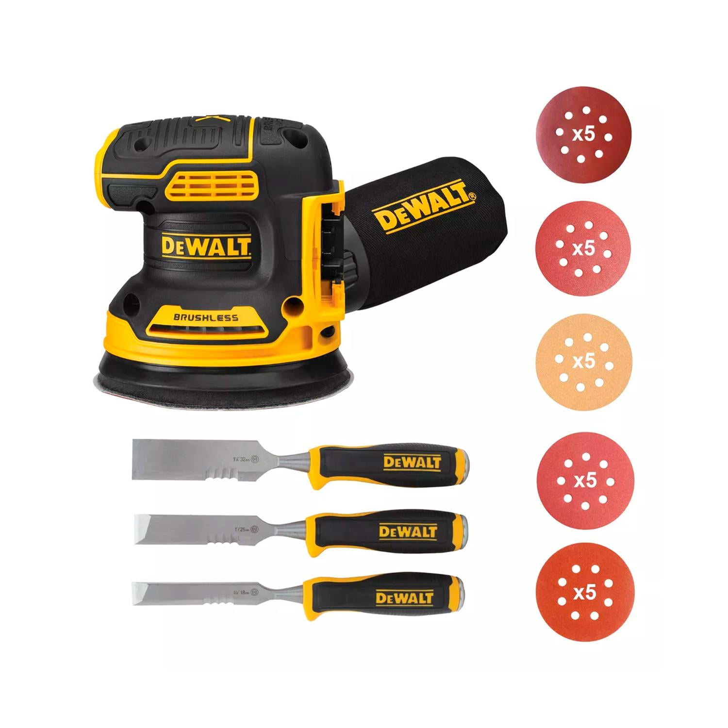 Lijadora Roto Orbital Inal. Dewalt Dcw210b + 25 Lijas + 3 Formones Amarillo