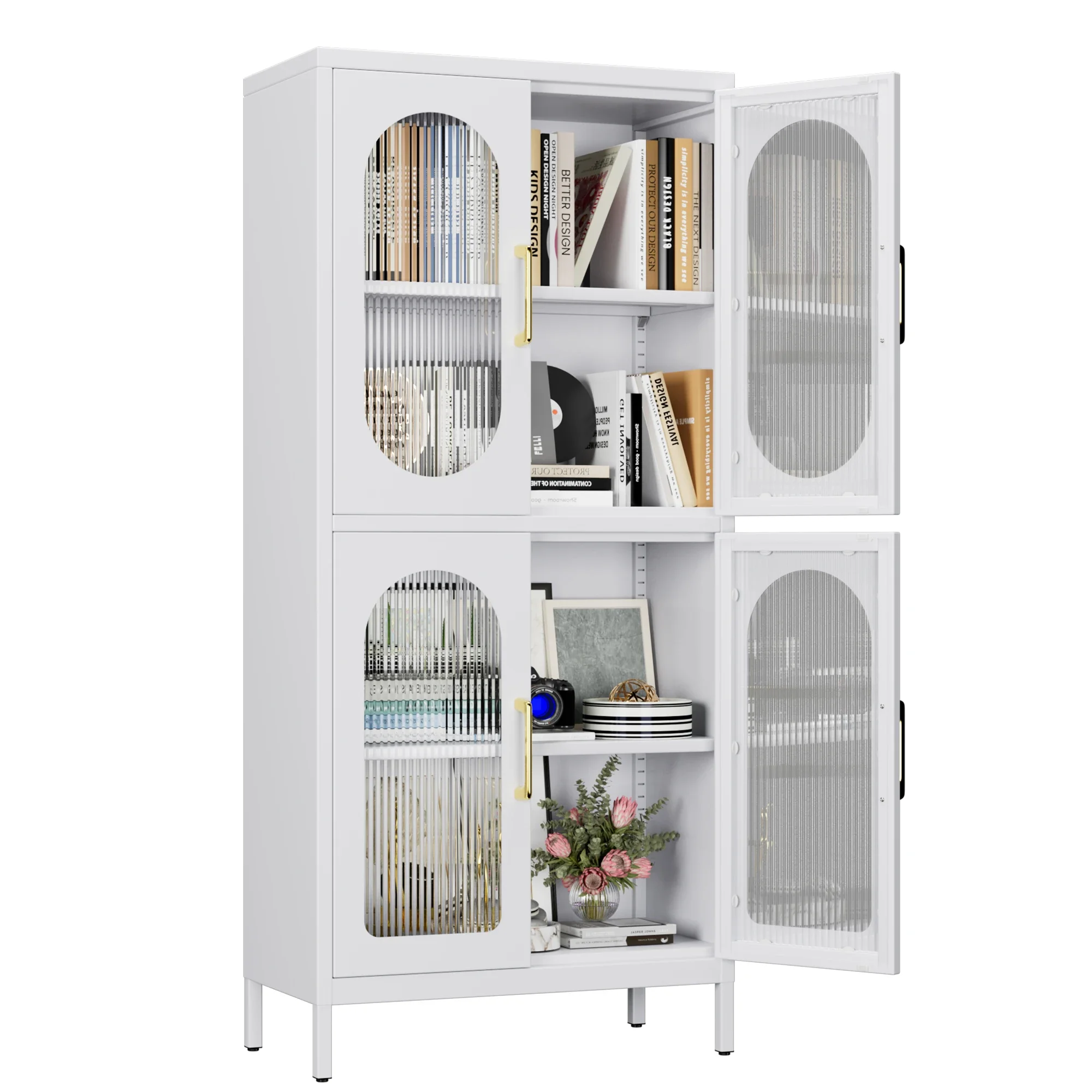 Recilock - Gabinete Metalico Blanco Alto 4 Puertas Con Vitrina - Linea White Yxg-02