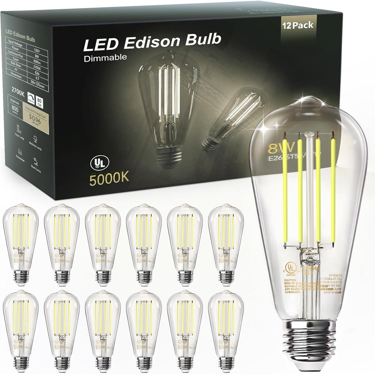 Ampolleta Led Tjoy Edison Vintage 12 Un St19 8w E26 5000k