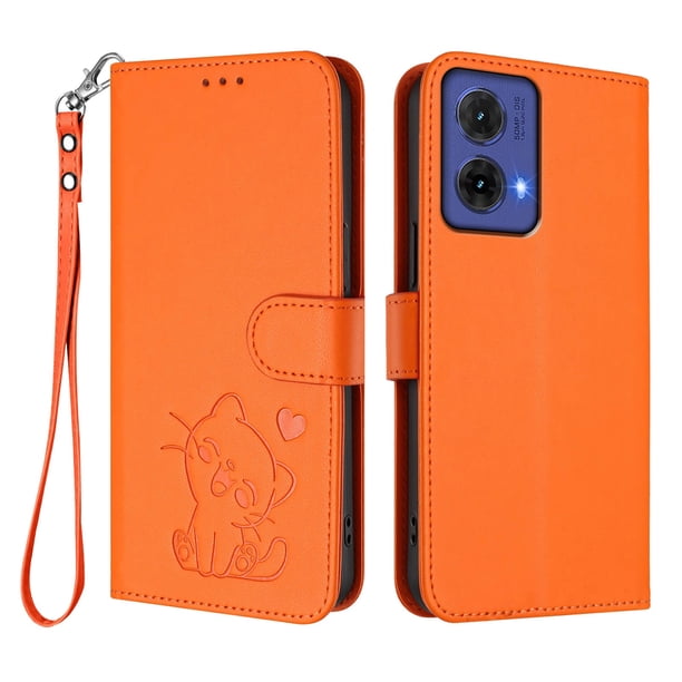 Funda Billetera con Relieve de Gato para Motorola MOTO G85 5G, Naranja