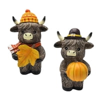 Bothyi - 2 Estatuas De Vaca De Las Tierras Altas De Otoño, Gnomos De Calabaza Y Arce Para Jardín De Salón De Té