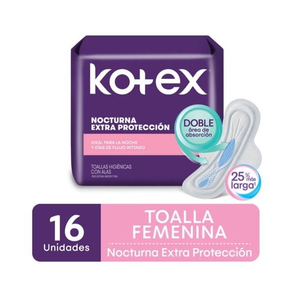 Toallas Femeninas Kotex Extra Protección Nocturna Con Alas, 16 Un
