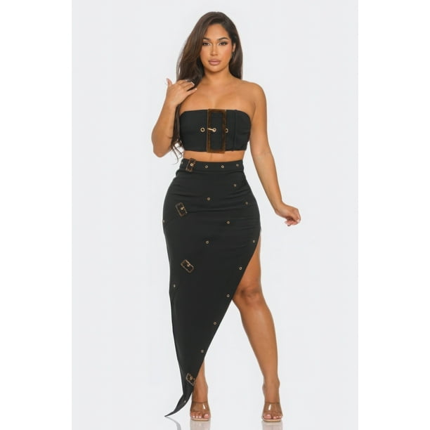 Conjunto De Top Corto Sin Tirantes Con Cinturón Hebilla Y Cremallera En La Parte Posterior Con Ojales Delanteros Y Falda Larga Con Abertura Lateral Color Topo (para Mujer)