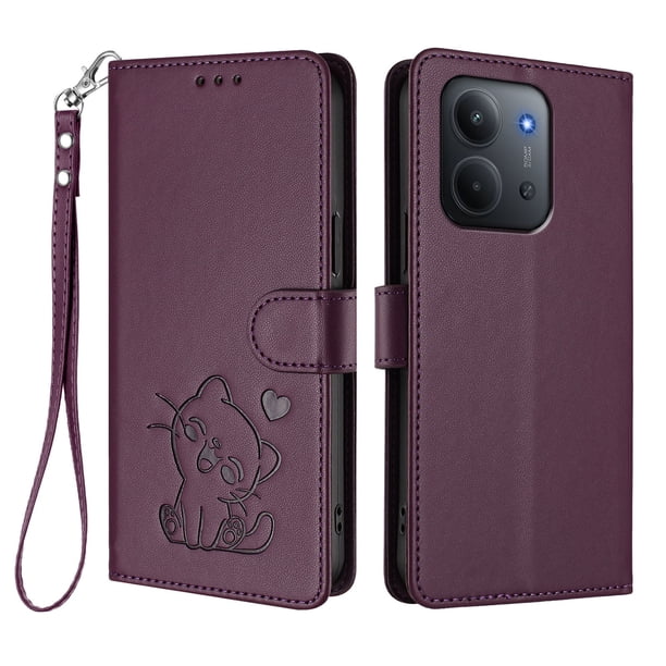 Xiaomi Redmi 15C 4G/5G Funda Billetera con Estampado de Gato, Morado Oscuro