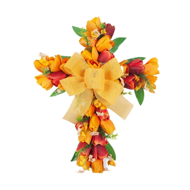 Corona De Flores Artificiales Corona De Puerta De Tulipán Festival De Pared Corona De Cruz De Pascua Amarillo