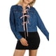 thumbnail image 2 of Jess por Meiko Chaquetas de Mujer Mangas Largas Cuello Contraste Color Lazo Chaqueta de Mezclilla XS Azul Medio/ Rosa, 2 of 6