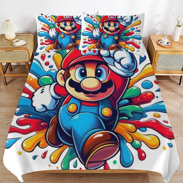 Super Mario 3-Piece Comforter Set for Bedroom Super Mario Bedding Set for Kids Adults Soft Microfiber Duvet Cover Set with Zipper Closure